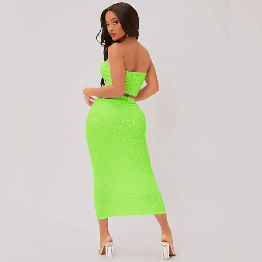 Trendy SHEIN SXY Neon Lime Textured Crop Tube Top & Pencil Skirt Set